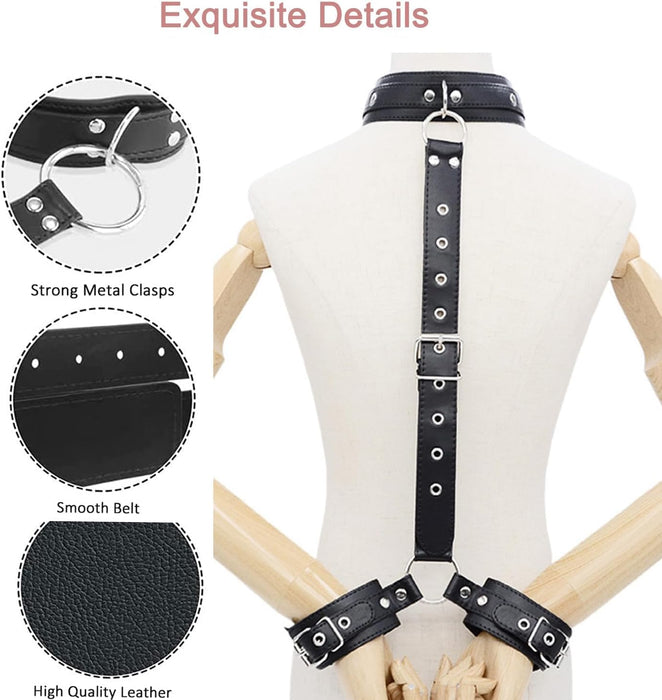 Reguliuojamas BDSM Fiksavimo Rinkinys Su Minkšta Odine Apykakle Ir Antrankiais