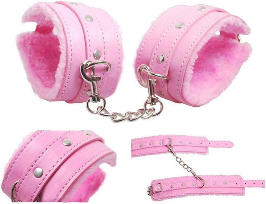 Rausvas SM Bondage Komplektas su Rankogaliais ir Apykakle 7 Dalykų