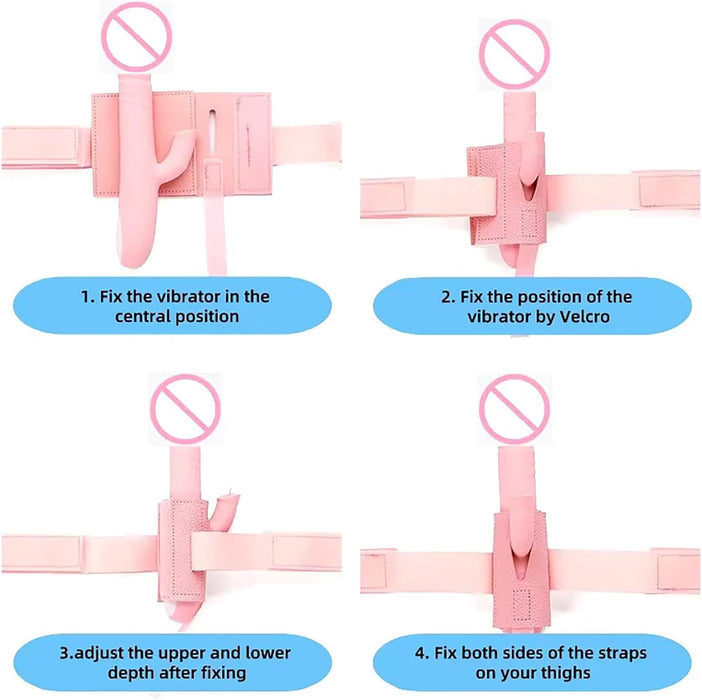 Female life-size vibrator holder with adjustable strap and spreader bar
