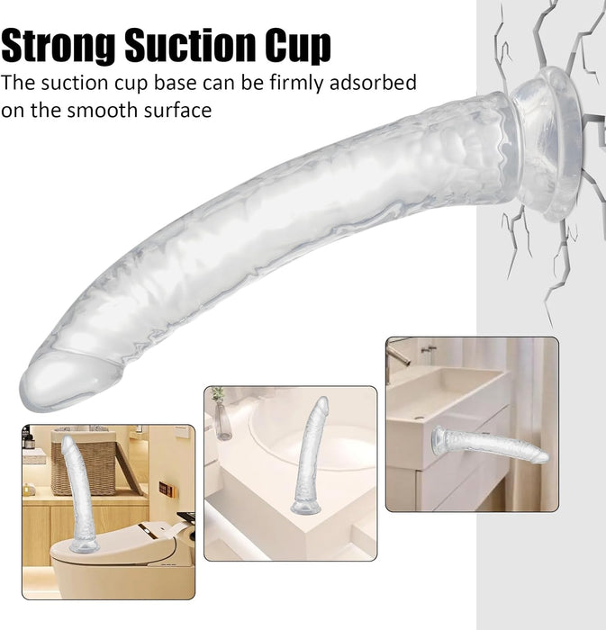 Realistiškas 32 cm didelis dildo su stipria siurbtuku ir permatoma tekstūra