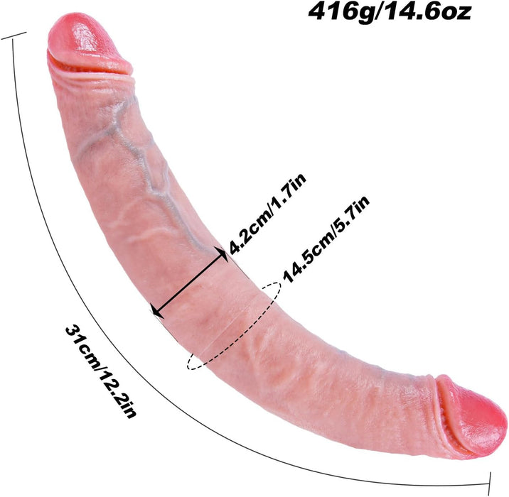 Dvigubas didelis 31 cm ilgio silikoninis dildo – realistiškas ir universalus malonumas
