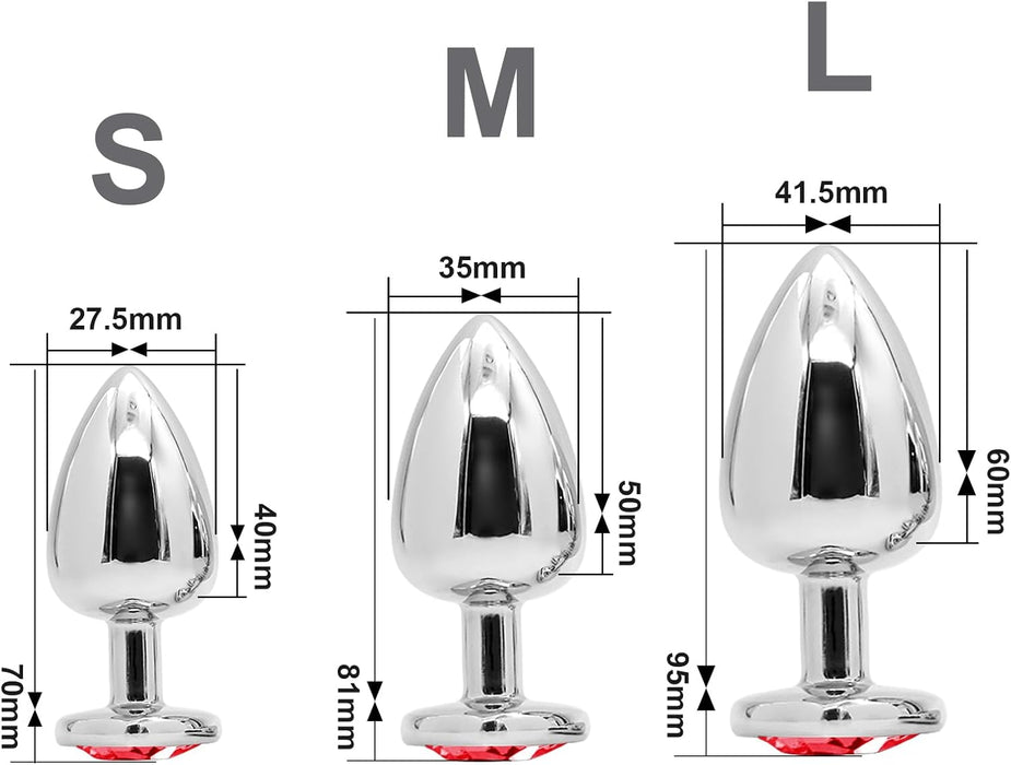 3-piece metal anal plug set with heart-shaped crystal - small, medium, large