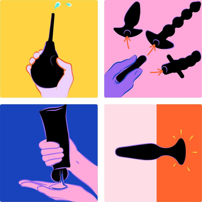 Complete anal plug set with silicone plugs of various sizes and a vibrator