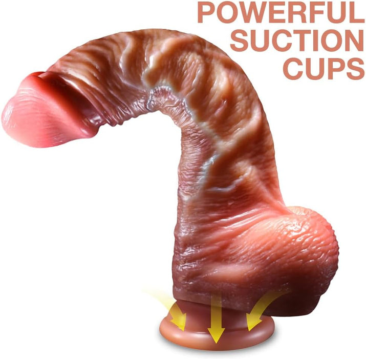 Realistiškas 18 cm dviejų sluoksnių silikono dildo su stipria siurbtuke