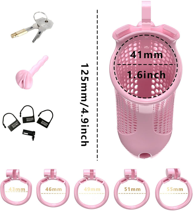 Deluxe male penis cage with female vagina and rings – XXL, pink