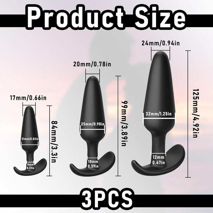 3 vnt. analiniai kaištukai iš silikonio – trys dydžiai pradedantiesiems ir pažengusiems