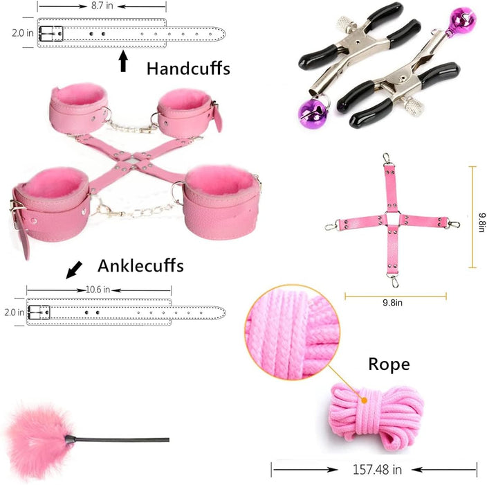 10-piece BDSM set with various fetish tools in pink