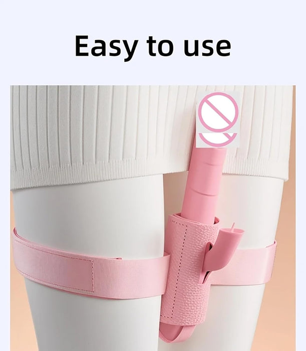 Female life-size vibrator holder with adjustable strap and spreader bar