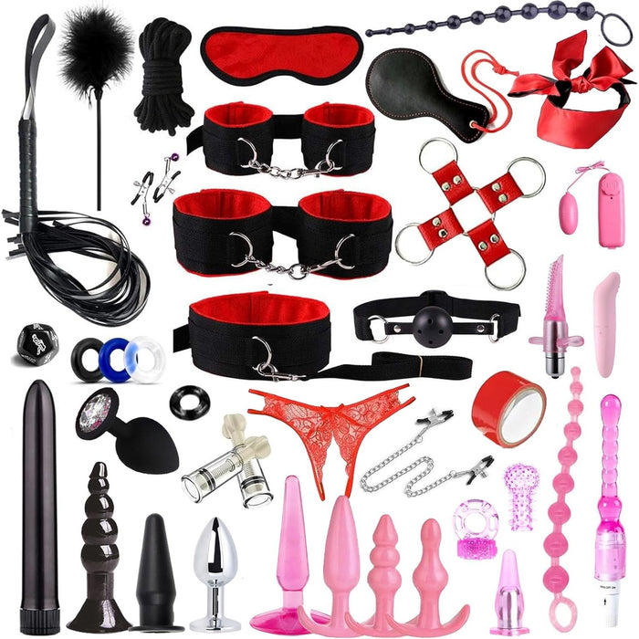 39 dalių BDSM sekso rinkinys poroms – odinės antrankiai, botagas ir dar daugiau
