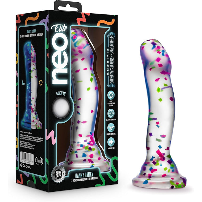 Innovative 7.5 inch silicone dildo with confetti and glow in the dark