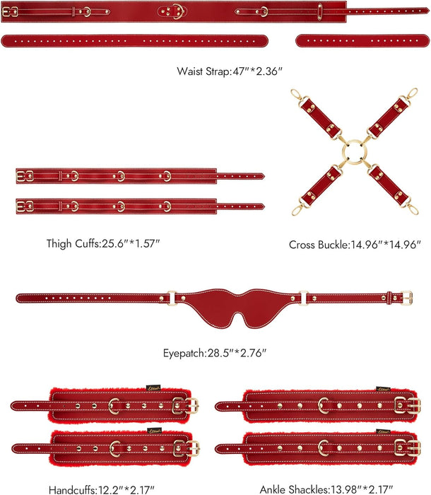 Erotinis BDSM Komplektas 6 dalių su Reguliuojamomis Rankogaliais, Kojų ir Šlaunų Apyrankėmis