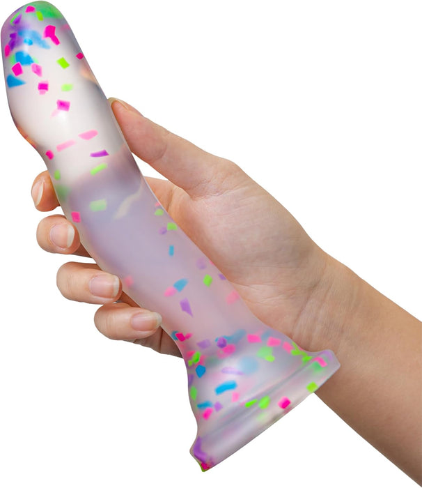 Innovative 7.5 inch silicone dildo with confetti and glow in the dark