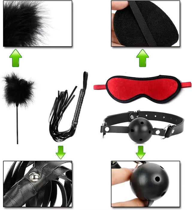 39 dalių BDSM sekso rinkinys poroms – odinės antrankiai, botagas ir dar daugiau
