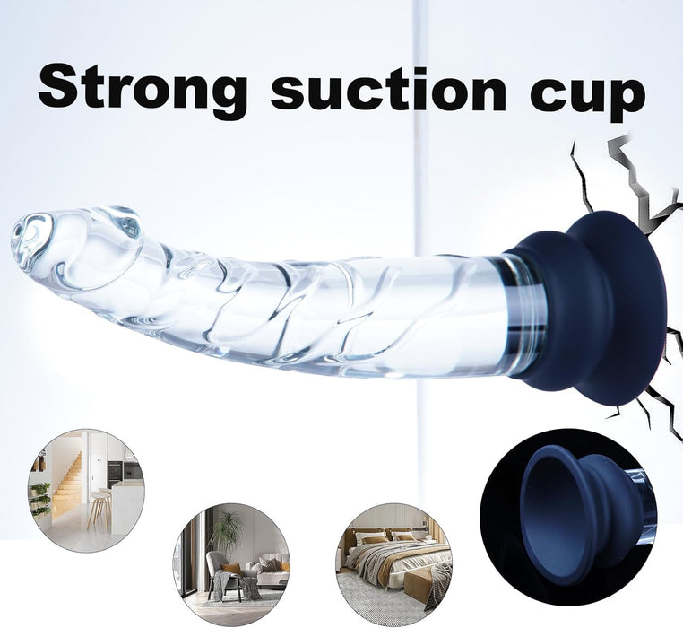 23cm Skaidra Stiklo Dildo su Tekstūromis ir Silikono Siurblio Padu