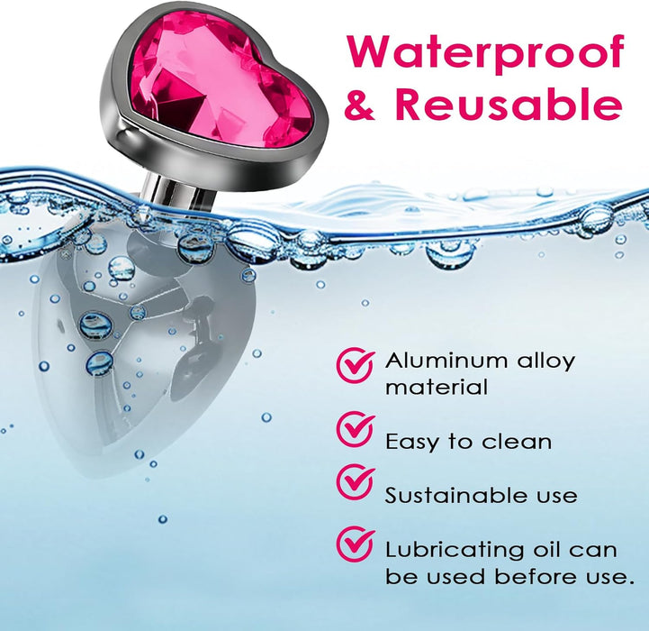 3-piece metal anal plug with heart-shaped crystal - beginner's set