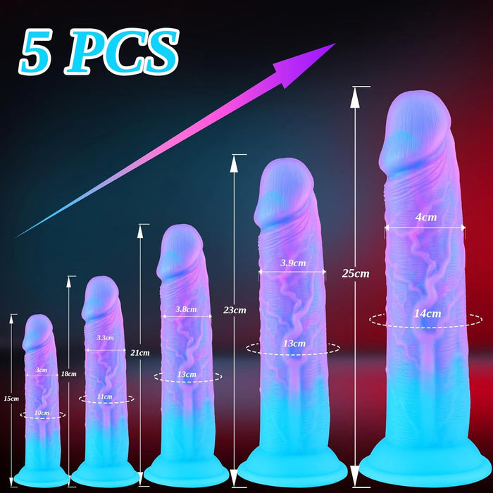 5 Dalių Realistiškų Mėlynų ir Violetinių Dildo Rinkinys su Siurbtuku