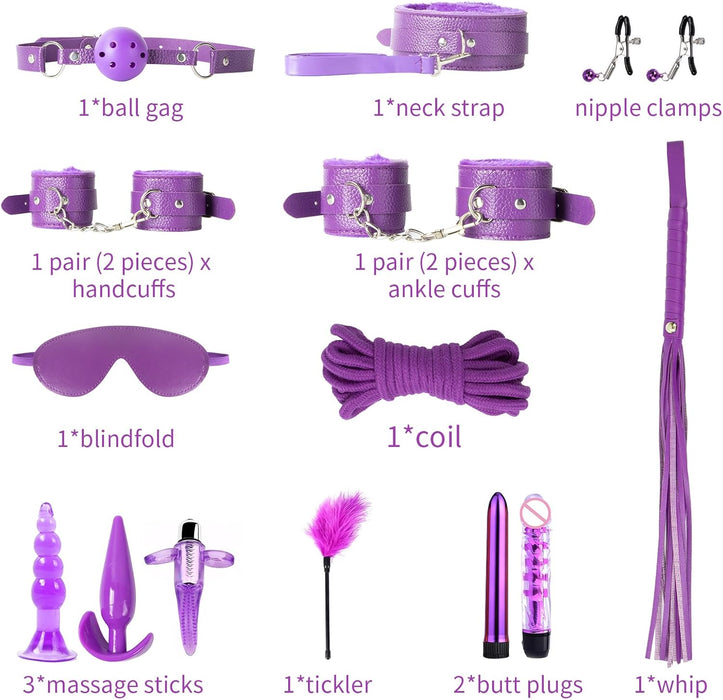 17-piece sex toy set for couples with cuffs, belt and other accessories