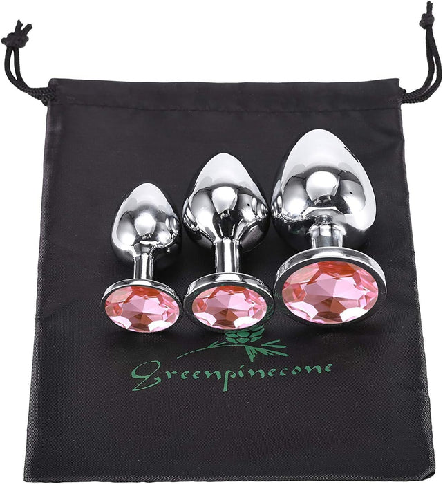 Elegantly shiny metal anal plug set with crystal eyelet