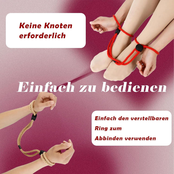 Pradinių BDSM virvių rinkinys – prisirišimų komplektas su rankogaliais ir reguliuojamais dirželiais