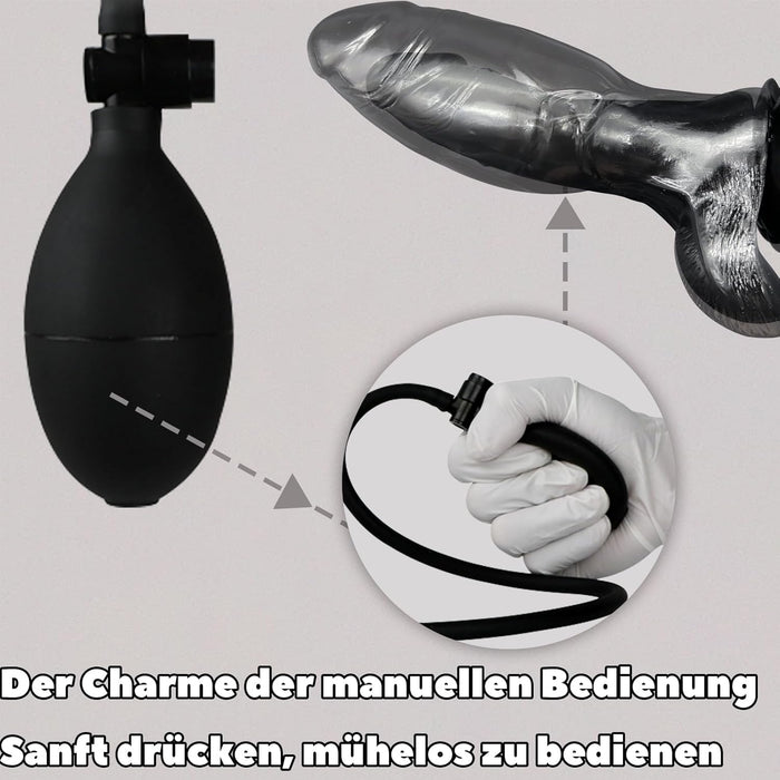 Inflatable realistic dildo with strong suction base, black, 7.28 inches