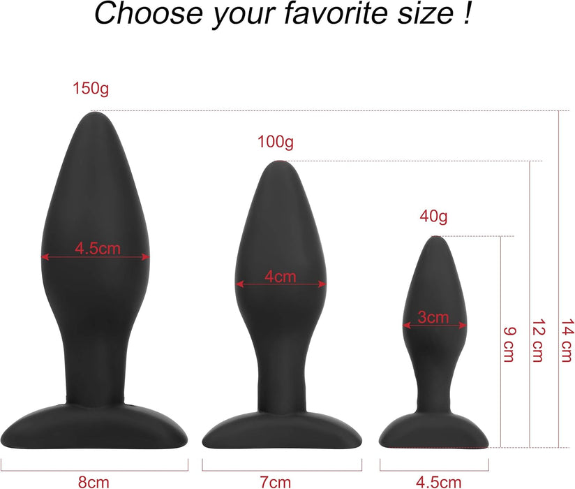 Silicone anal plugs with stand, set of 3 sizes, black