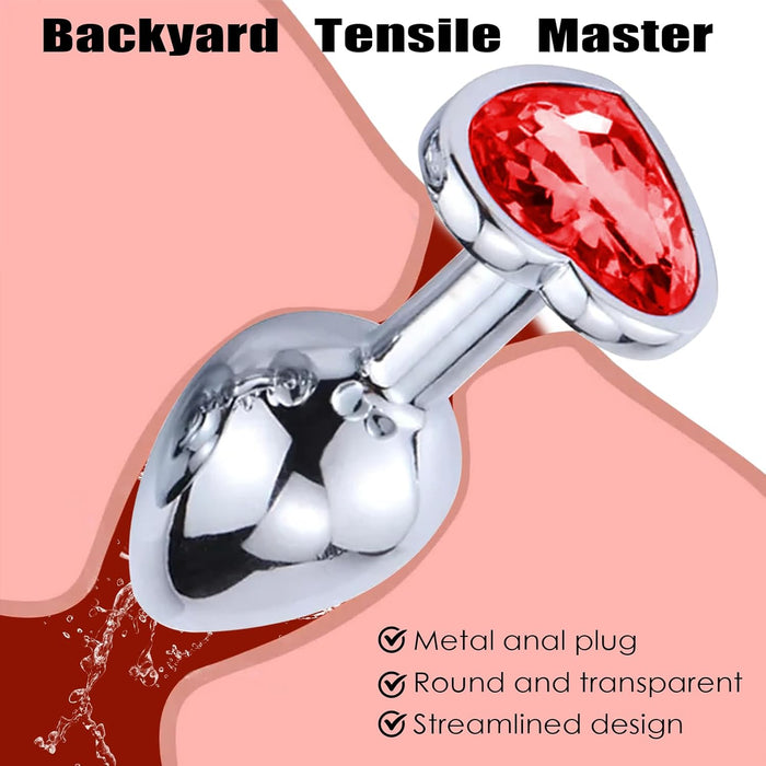 3-piece metal anal plug set with heart-shaped crystal - small, medium, large