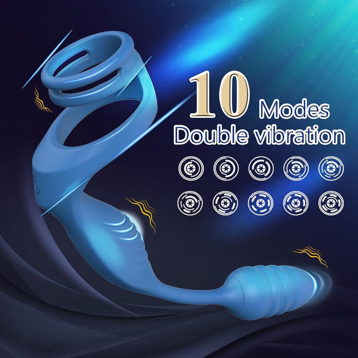 Dviviečių varikliukų vibratorius su penio žiedu ir analiniu kaiščiu – 10 vibracijos režimų vyrams ir poroms