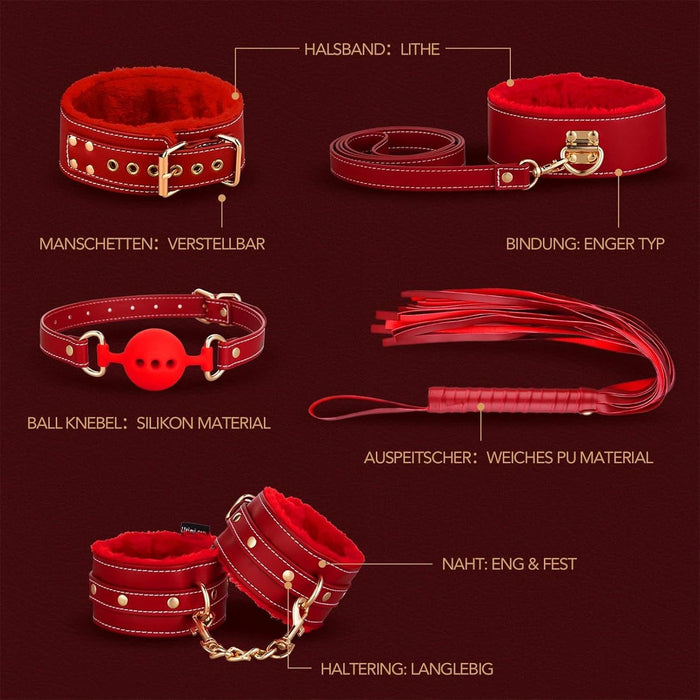 11 dalių BDSM rinkinys su rankogaliais, kauke ir plaktuve poroms