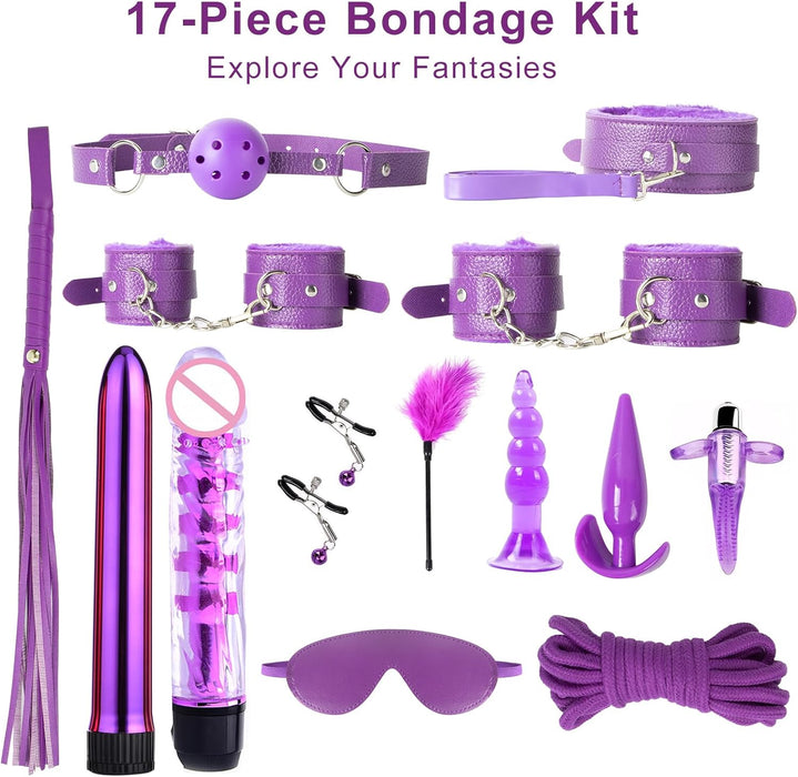 17-piece sex toy set for couples with cuffs, belt and other accessories