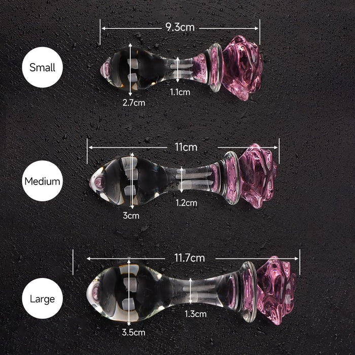 Elegantiškas 3 dalių rožių stiklo analinių kaiščių rinkinys – treniruoklis ir masažuoklis