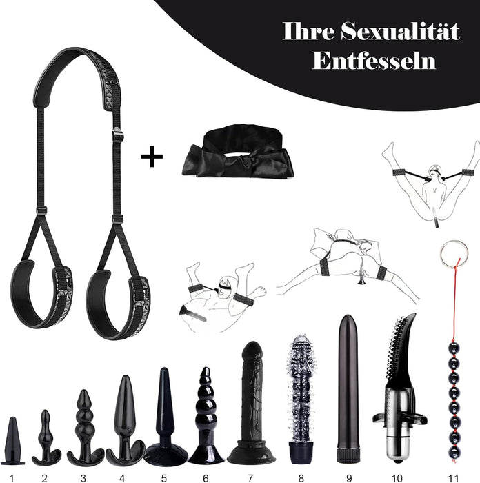 Complete 20-piece BDSM set with handcuffs and leg cuffs, mouthpiece and mask