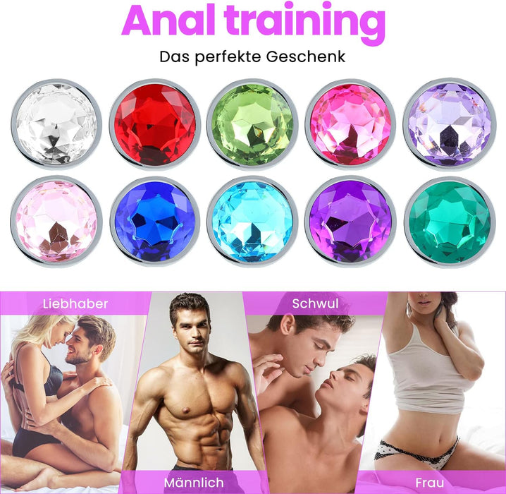 Metal anal toy set with colored crystal diamonds and anal shower