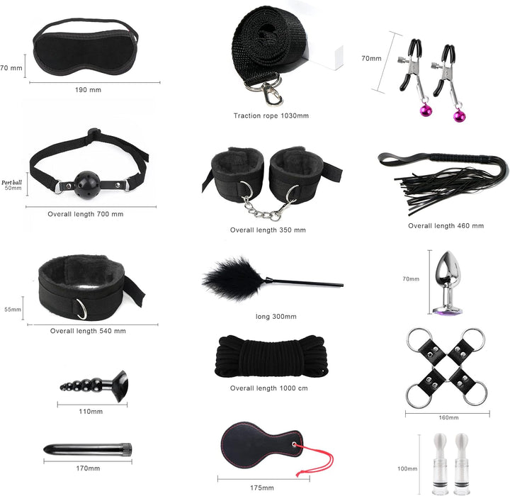 17 dalių BDSM apribojimų rinkinys poroms – reguliuojami rankų ir čiurnų antrankiai