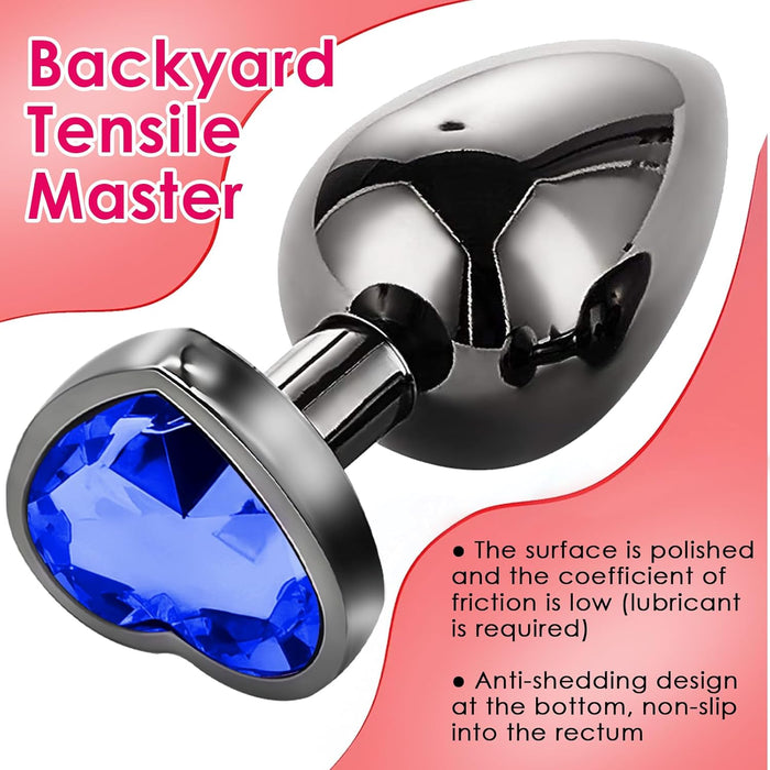 3-piece metal anal plug with heart-shaped crystal - beginner's set