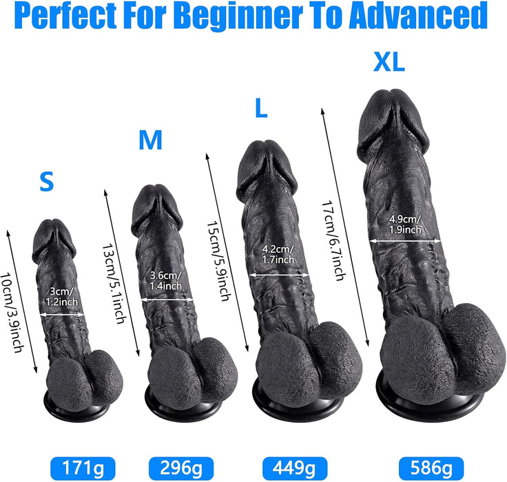 Realistinis silikoninis dildo su stipriu siurbtuku juodos spalvos M dydis