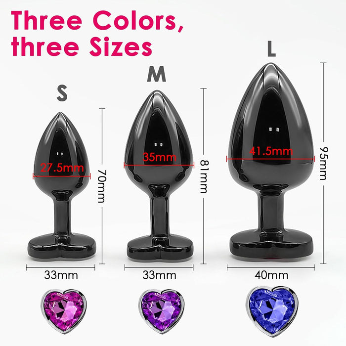 3-piece metal anal plug with heart-shaped crystal - beginner's set