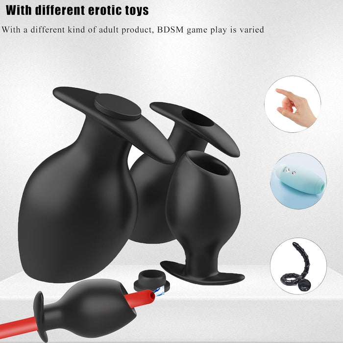 Silikoninis tuščiaviduris analinis kaištis su anti-pratekėjimo funkcija, skirtas BDSM ir fisting žaidimams