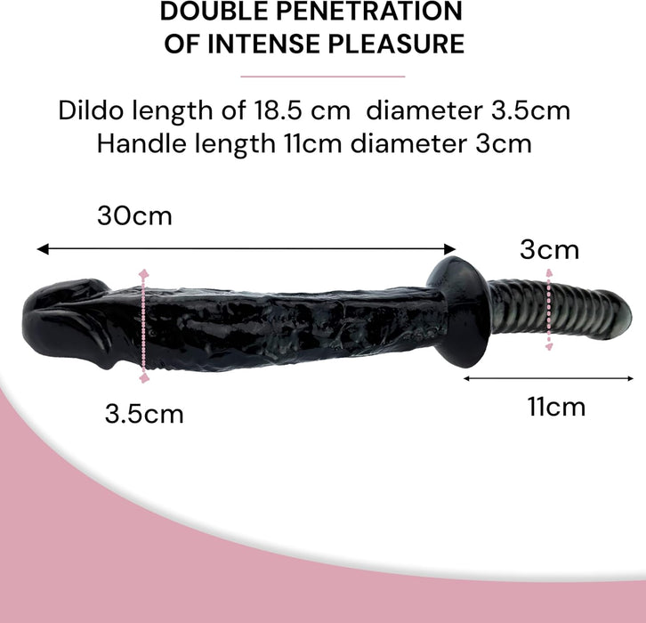 Realistiškas juodas dildo 30 cm ilgio su didele galvute ir rankena