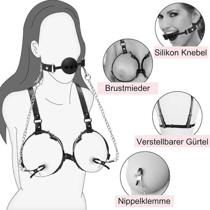 Elegant BDSM chest harness with silicone ball and nipple clamps