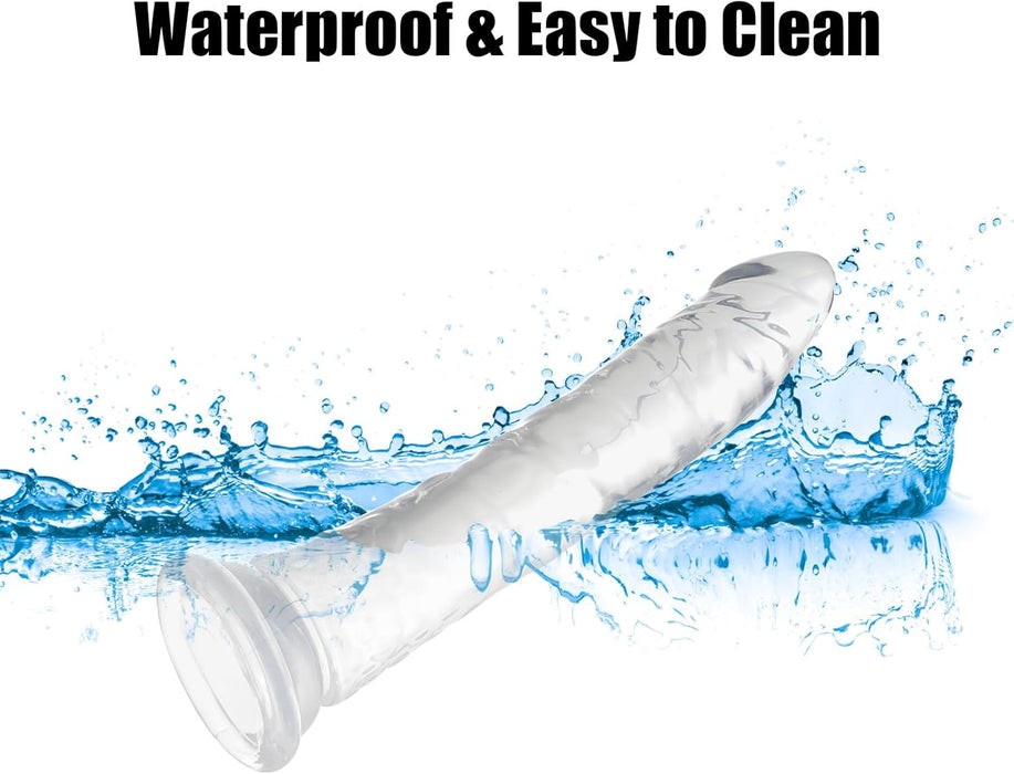 Realistiškas 32 cm didelis dildo su stipria siurbtuku ir permatoma tekstūra