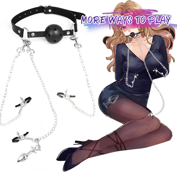 BDSM 4 in 1 Bondage Rinkinys Su Burnos Kamštuku ir Klitorio Spaustuku