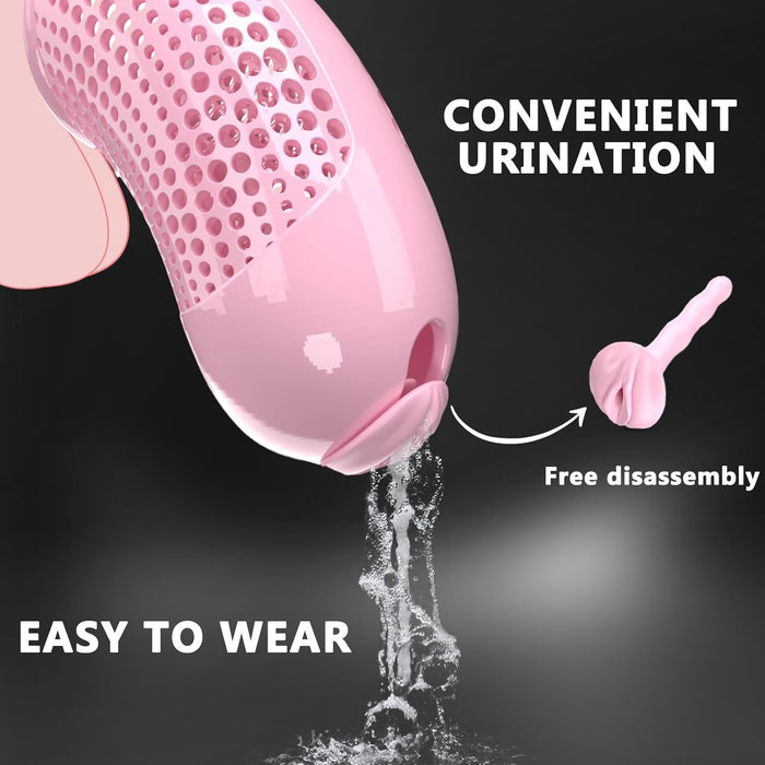 Deluxe male penis cage with female vagina and rings – XXL, pink