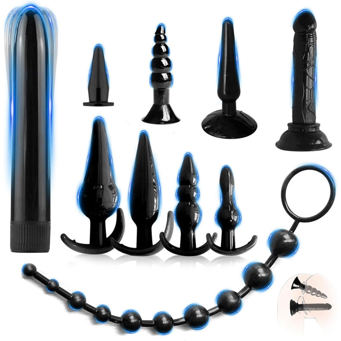 Versatile 10-piece black anal plug set for women and men
