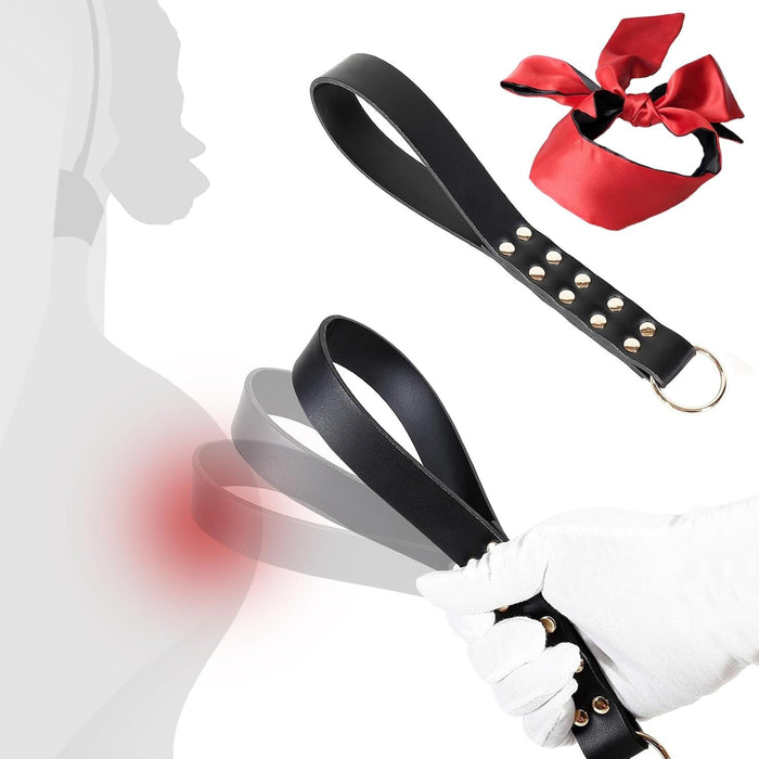 Įvairiapusis BDSM rinkinys su plaktiu, plaktuku, kauke ir rankogaliais