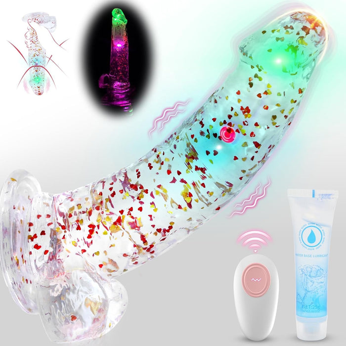 Transparentus 21,5 cm Dildo su 7 Vibracijos Režimais ir LED Šviesomis