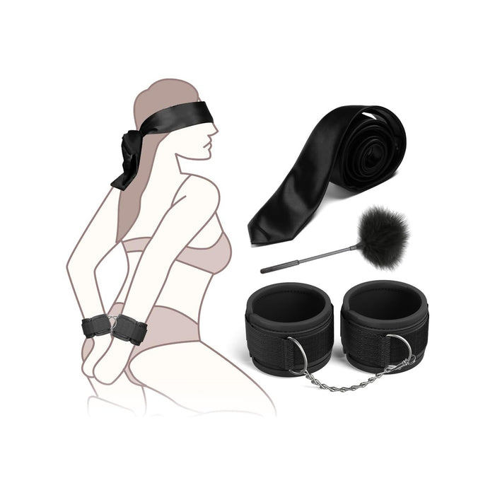 BDSM Bondage rinkinys su rankogaliais, kauke ir plunksniniu stimuliatoriumi poroms