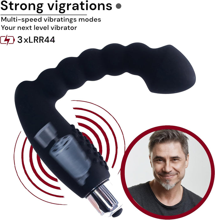 Juodas silikono prostatos stimuliatorius vyrams su vibracija ir siurbtuku