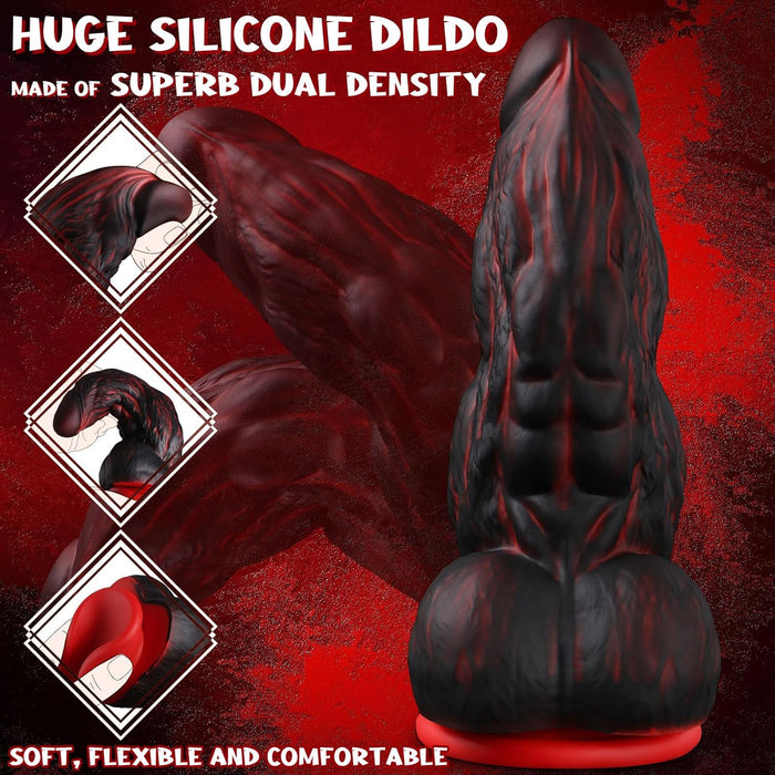 Monster Knot dildo XXL su 2 storais mazgeliais ir siurbtuku – juoda-raudona