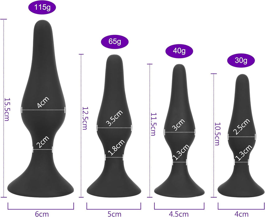 4 dalių analinių kištukų rinkinys su stipriu siurbtuku – juodas, įvairūs dydžiai
