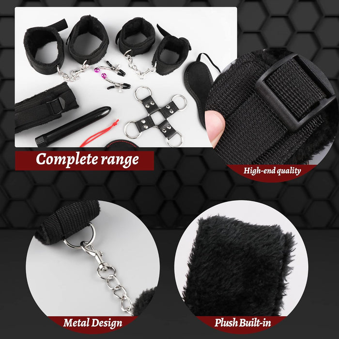 17 dalių BDSM apribojimų rinkinys poroms – reguliuojami rankų ir čiurnų antrankiai